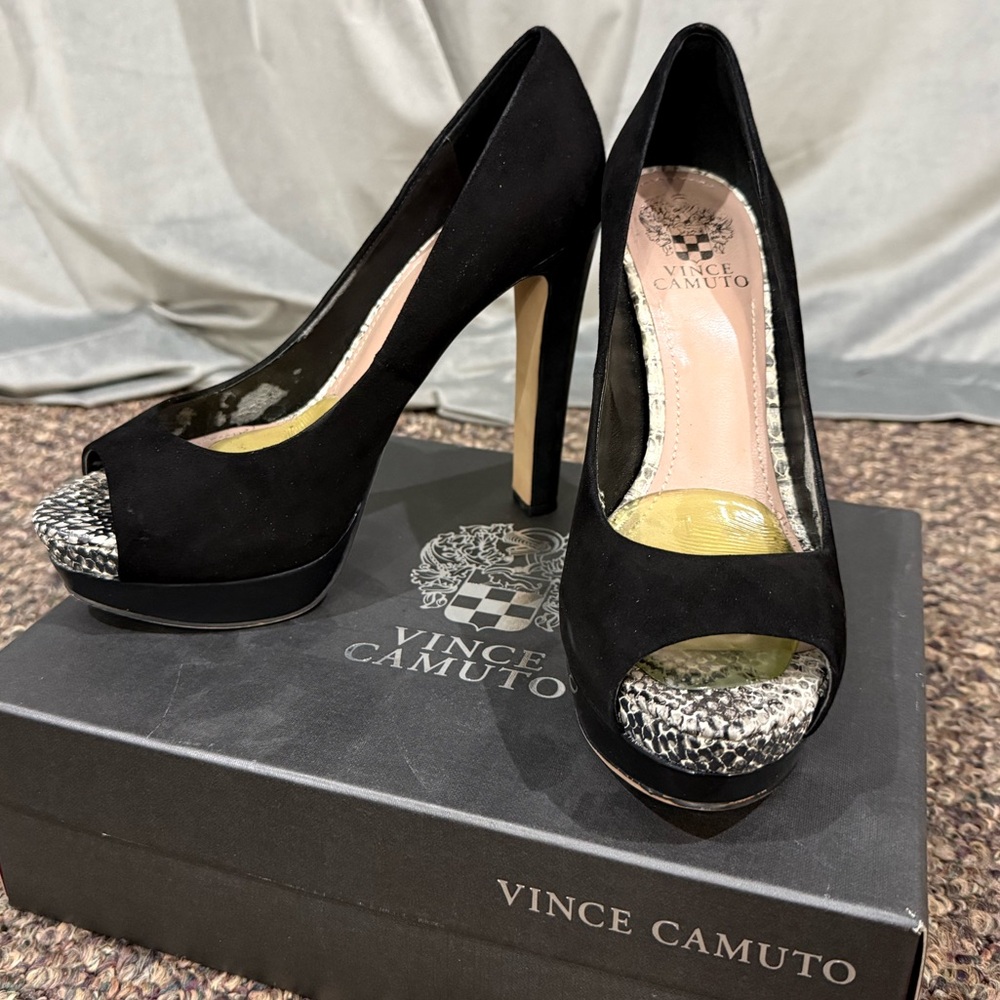 Vince Camuto Black and Silver Peep-Toe Heels